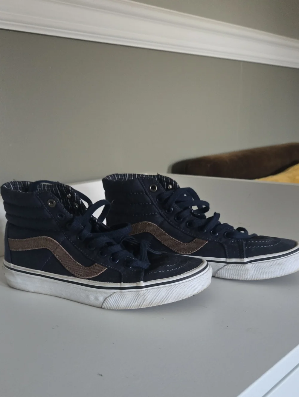 Vans Womens Navy High-Top Sneakers with Brown Stripe